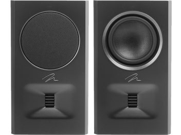 Diffusore posteriore MartinLogan Motion MP10 nero laccato con due unità rettangolari, una con griglia circolare, l'altra senza griglia.