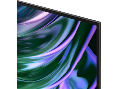 Téléviseur haute définition Samsung TQ48S90D 2024, angle de vue en coin, écran affichant des motifs fluides verts et violets
