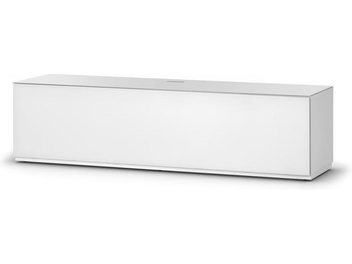 Meuble TV bas rectangulaire blanc laqué, sans poignées apparentes, vue de face