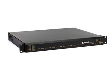 Ενισχυτής ισχύος Klipsch KDA-1000 μαύρος, μπροστινή όψη, γρίλια εξαερισμού, 12 κίτρινες λυχνίες LED, μορφή rack 19"