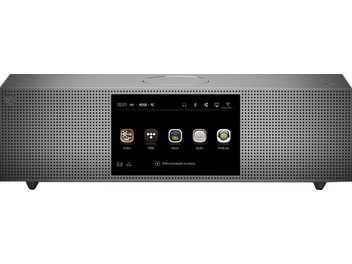 Enceinte sans fil connectée Rose RS301 gris métallisé, vue de face, écran tactile affichant icônes vidéo, musique, radio, podcast