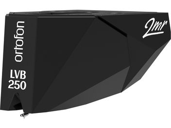 Cellule platine vinyles Ortofon 2MR black LVB 250, vue de dessus, corps noir brillant, forme triangulaire, logo blanc "2mr"