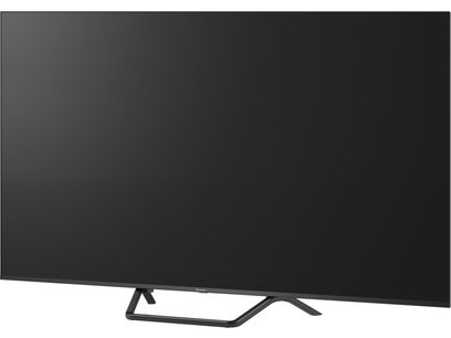 Panasonic TV-65W95BEG high-definition television in black, edge-to-edge glass screen with slim frame, central trapezoidal black stand, three-quarter front view
