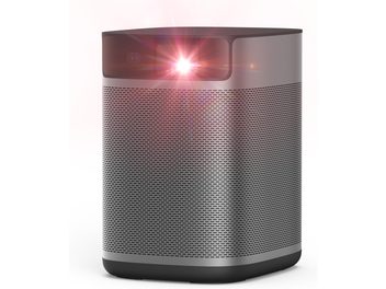 XGIMI MoGo 2 Pro Gen 2 video projector in metallic gray with a perforated metal casing and black base, bright lens integrated into a black front module, rounded edges, three-quarter front view