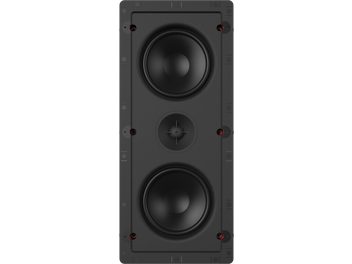 Must Klipsch DS-250W-LCR Sky Hook süvistatav kõlar, eestvaade, kaks ümmargust kõlarit, kaitsevõrega