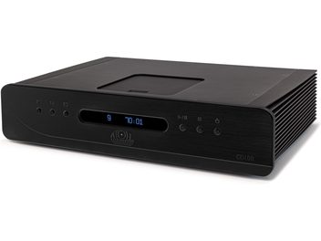 Atoll Electronique CD400 Evolution high-fidelity CD player in brushed black aluminum, three-quarter front right view, centered blue digital display, six round buttons distributed across the front panel, finned ventilation sides, and recessed top-loading tray on the top