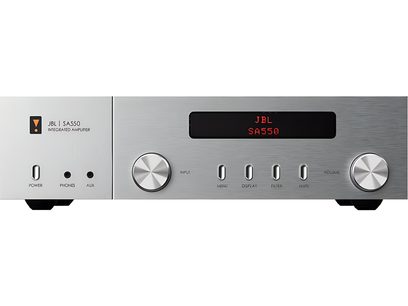 Ampli hi-fi stéréo JBL SA550 argenté, vue de face, affichage LED rouge "SA550", boutons et prises en façade