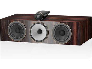 Enceinte centrale Bowers & Wilkins HTM71 S3 Signature datuk gloss, vue de face, bois foncé brillant, 3 haut-parleurs ronds noirs