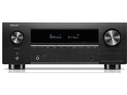 Sort frontpanel på en Denon AVC-X3800H hjemmebiograf-forstærker med skærm, knapper, drejeknapper og porte