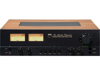 NAD C3050 Standard Edition hi-fi amplifier, front panel, light wood, VU meters, black knobs, metal grille