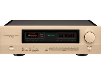 Accuphase T-1300, tuner FM en aluminium brossé doré, vue de face, gros bouton droit, afficheur à LED rouges et vu-mètre
