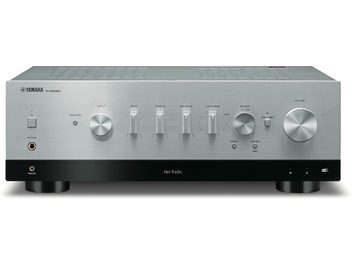 Sleek facade of a Yamaha R-N1000A silver stereo hi-fi amplifier, LCD screen, aluminum buttons and knobs