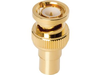 Audioquest gold-plated female RCA to male BNC adapter, front view, consisting of two threaded cylindrical parts