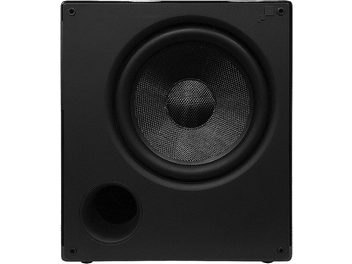 Sonance i8 black subwoofer, front view, circular speaker behind metal grille, two bass reflex ports