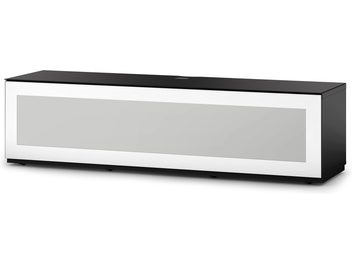 Meuble TV bas rectangulaire noir et blanc, façade blanche avec niche ouverte, plateau supérieur noir brillant