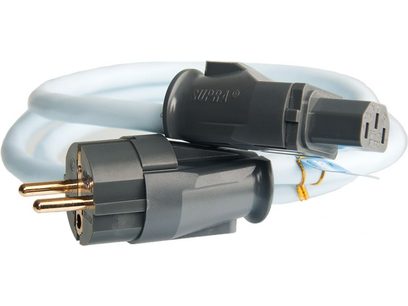 Fiche mâle secteur noire à 2 broches dorées, câble noir, connecteur IEC gris sur fond bleu clair en gros plan
