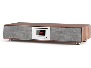 Système haute-fidélité tout en un Pinell of Norway Supersound 901 noyer, boîtier rectangulaire en placage de bois noyer vu de trois-quarts avant avec façade bicolore tissu gris et panneau central aluminium intégrant écran noir, fente CD, rangée de boutons et pieds cylindriques métalliques