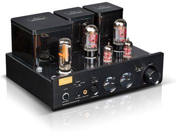 Cayin HA-3A headphone preamplifier in black brushed aluminum, three-quarter front view, three rectangular transformer covers at the back, six vertical vacuum tubes on top, front panel featuring a 6.35 mm jack, an XLR connector, two circular VU meters, and a large volume knob