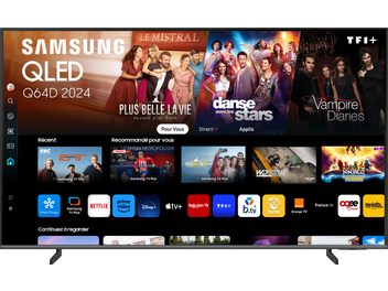 Téléviseur haute définition Samsung TQ55Q64D 2024, écran affichant des vignettes de séries et d'applications, interface utilisateur visible