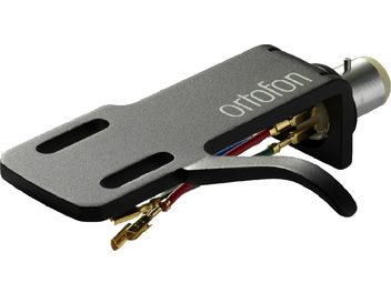 Ortofon SH 4 black headshell, perspective view, gold-plated connectors, red, blue, green, white cables