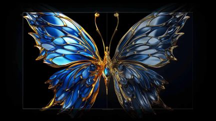 Papillon stylisé en segments de verre bleu translucide sertis de métal doré, ailes déployées vue de face sur fond noir, entouré d’un fin cadre rectangulaire