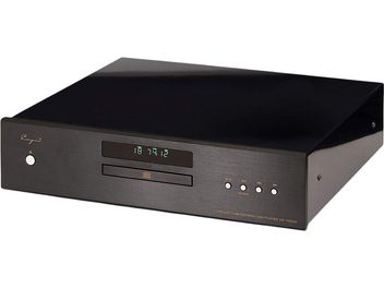 Cayin CS-100CD high-fidelity CD player in black with a metal chassis, brushed front panel featuring a green digital display, central CD tray, power button and four round buttons, shown in a front right three-quarter view