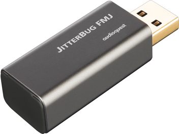 Bærbar Audioquest Jitterbug FMJ sort mat lydkonverter, set ovenfra, med USB-stik i enderne