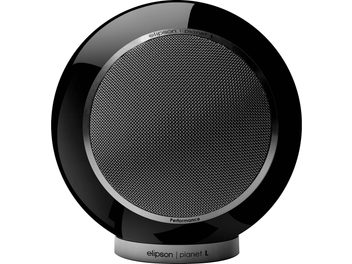 Enceinte bibliothèque Elipson Planet L Performance noir laqué avec forme sphérique, grille métallique circulaire et base argentée