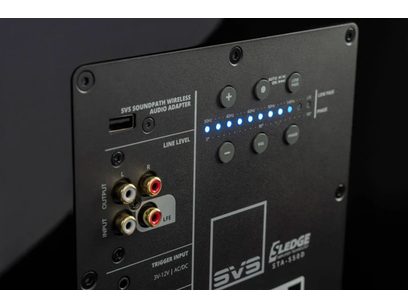 SVS SB-2000 Pro black ash subwoofer, rear view, connections and controls, blue LED indicators lit