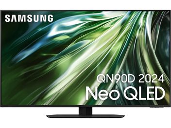 Téléviseur Samsung QN90D 2024 Neo QLED, écran plat rectangulaire affichant des feuilles vertes aux reflets bleutés