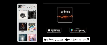 L'écran gauche affiche une interface TIDAL avec 6 vignettes, l'écran droit montre un logo Audiolab 9000N et des icônes de téléchargement.