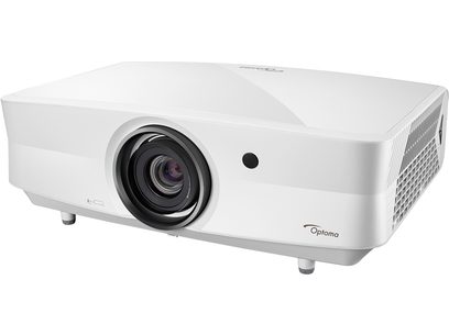 Βιντεοπροβολέας Optoma UHZ65LV σε λευκό χρώμα, ελαφρώς πλάγια μπροστινή όψη, με τον μαύρο φακό στο κέντρο μπροστά