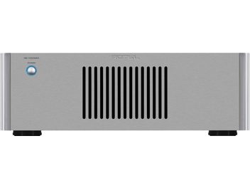 High-fidelity power amplifier RB1552 MKII silver, front view, black central grille, blue button on the left