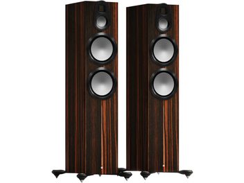 Enceintes colonne Monitor Audio Gold 500 6G macassar, vue de face, finition bois sombre, 3 haut-parleurs circulaires, socles noirs