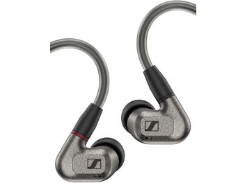 Sennheiser IE 600 in-ear hovedtelefoner, metalgrå ørepropper, sorte ørespidser, flettet kabel, set forfra