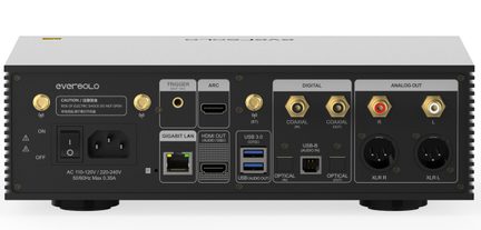 Πίσω όψη συσκευής ήχου με συνδέσεις HDMI, USB, ομοαξονικές, οπτικές, XLR, RCA, LAN, διακόπτη, υποδοχή ρεύματος, ακροδέκτες trigger
