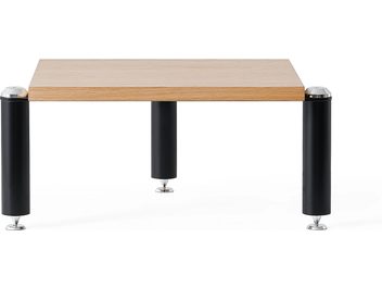 Ripiano aggiuntivo per mobile hi-fi, piano rettangolare in legno chiaro, 4 gambe cilindriche nere con terminali metallici argentati