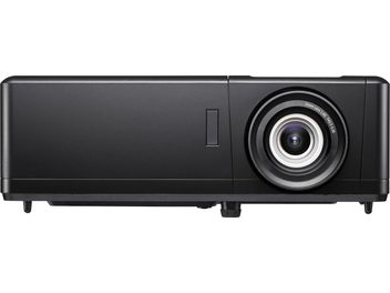 Optoma UHZ55 must videoprojektor, esipaneel nihutatud objektiiviga, ventilatsioonirest, valge logo peal, ühendused paremal küljel