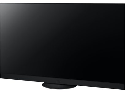Téléviseur haute définition Panasonic TV-65Z90AEG, écran noir, vue de trois quarts, pied circulaire noir