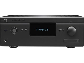 Amplificator home cinema NAD T758 V3 grafit, față frontală cu ecran LCD albastru afișând "T 758 V3", butoane și mufe