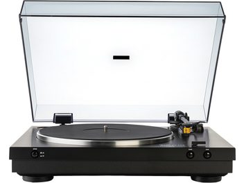 Platine vinyle hi-fi Dual CS 329 noire en métal et plastique, socle rectangulaire avec plateau noir cerclé argent, bras de lecture à droite et boutons de commande en façade, capot transparent relevé, vue de face