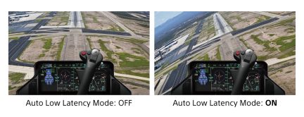 Vue cockpit simulateur avion, manche à balai noir, écran instruments, piste atterrissage, mode latence faible activé/désactivé