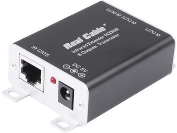 Trådløs infrarød sender Real Cable RC14IR sort med RJ45- og DC 5V-stik, set oppefra og forfra
