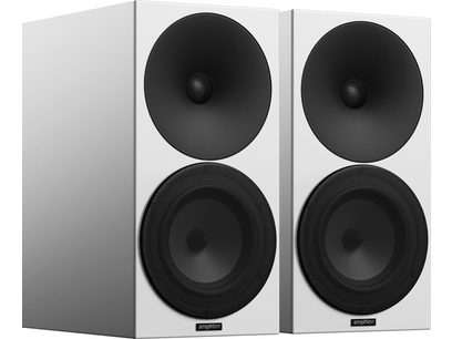 Δύο βιβλιοθήκες ηχείων Amphion Argon 3S, μπροστινή όψη, λευκό ραφί και μαύρο ηχείο, κατακόρυφη ορθογώνια φόρμα