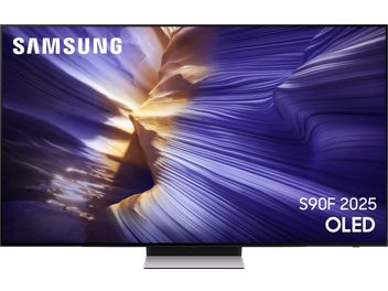 Téléviseur Samsung S90F 2025 OLED, cadre noir mat ultra-fin, vue de face, socle central rectangulaire en métal brossé gris