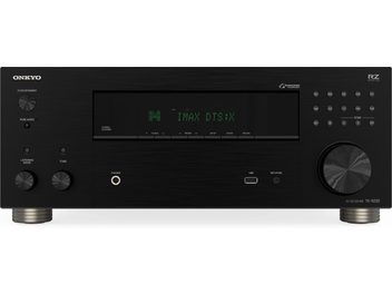Onkyo TX-RZ30 hjemmebiografforstærker sort, set forfra, centralskærm, cirkulære knapper, synlige hovedtelefon- og USB-porte