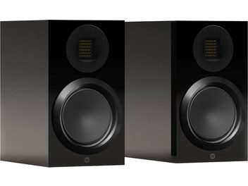 Enceintes Monitor Audio Gold 50 6G noir laqué, vue de face, deux haut-parleurs circulaires, grille perforée supérieure