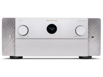 Ampli home-cinéma Marantz Cinema 40 argent, vue de face, façade argentée avec boutons et écran LCD noir au centre
