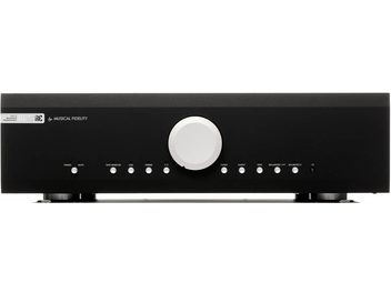 Musical Fidelity M6s PRE black stereo preamplifier with a white circular central knob and 10 buttons aligned at the bottom