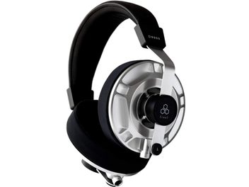 Casque hifi ouvert Final D8000 argent, vue de profil gauche. Arceau et coques noirs, transducteurs argentés